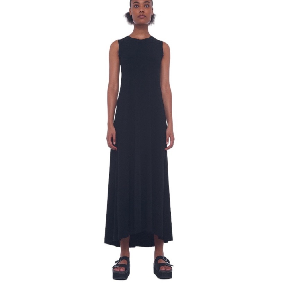 Norma Kamali black sleeveless long swing dress with gathered hemline maxi sz XS